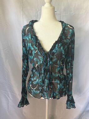 Vtg Y2K Whimsigoth Butterfly Blouse Top Juniors L Sheer Sequin Fairy McBling